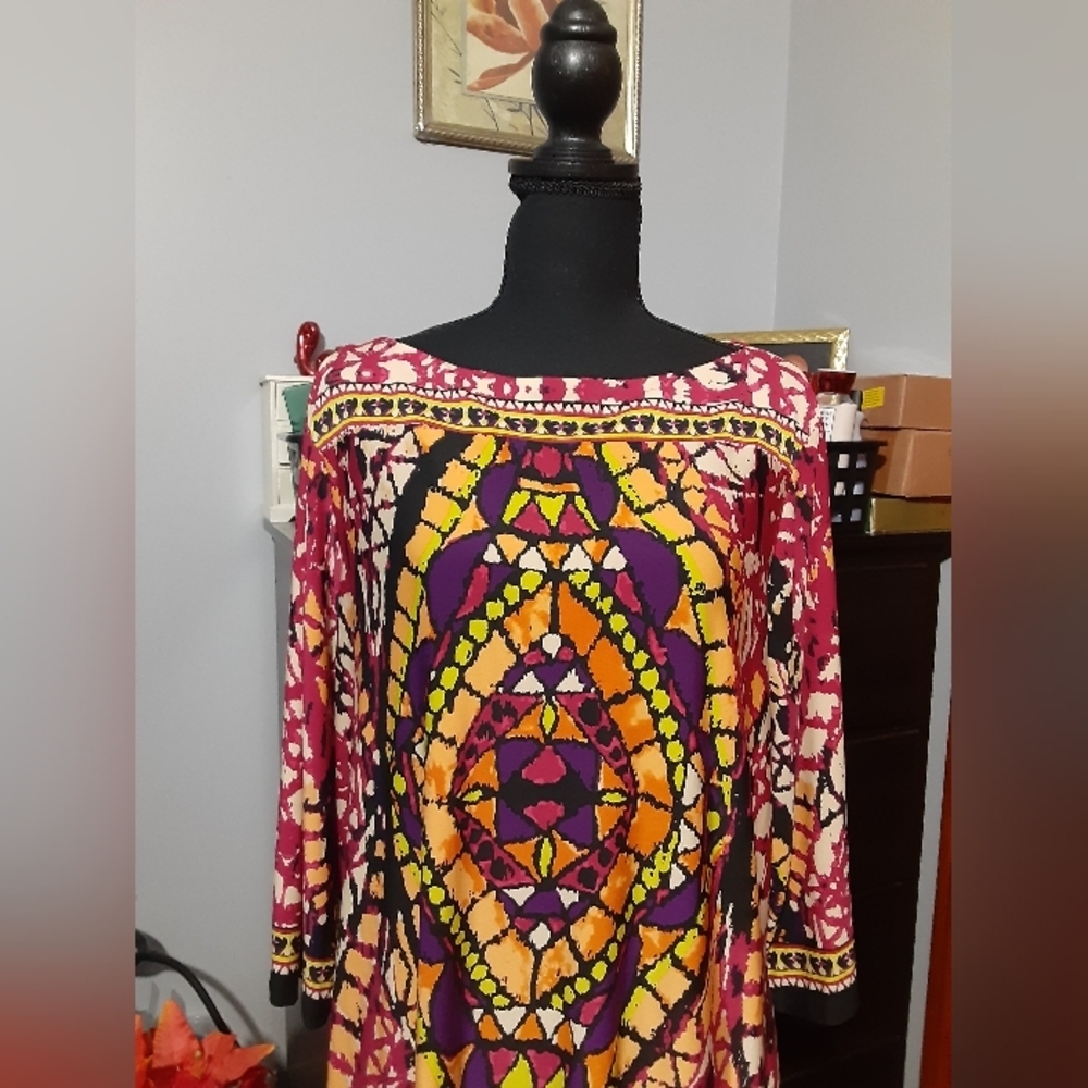 Eci Women's Plus Size Multicolor Sycadelic Long Sleeve Dress Boho Size 16W - Picture 2 of 8